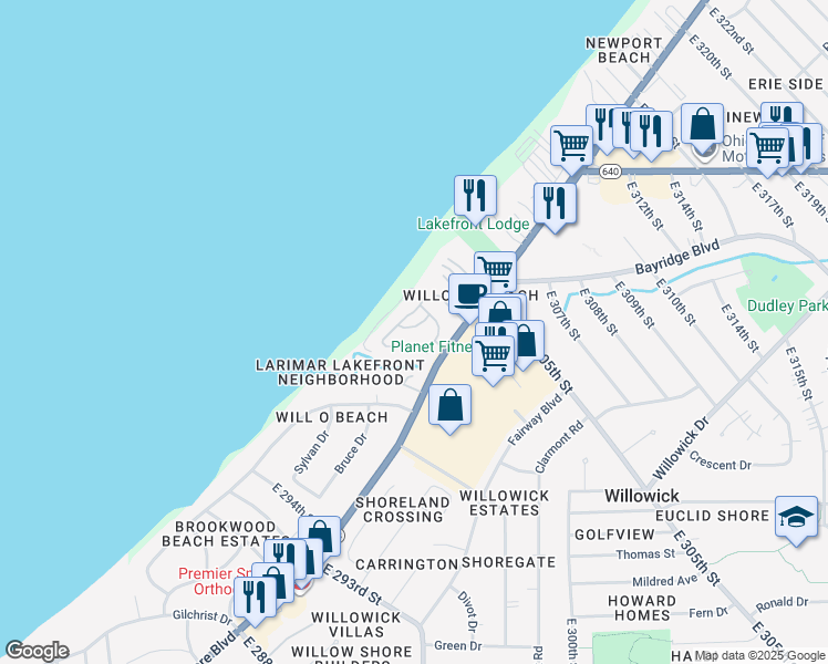 map of restaurants, bars, coffee shops, grocery stores, and more near 144 Larimar in Willowick