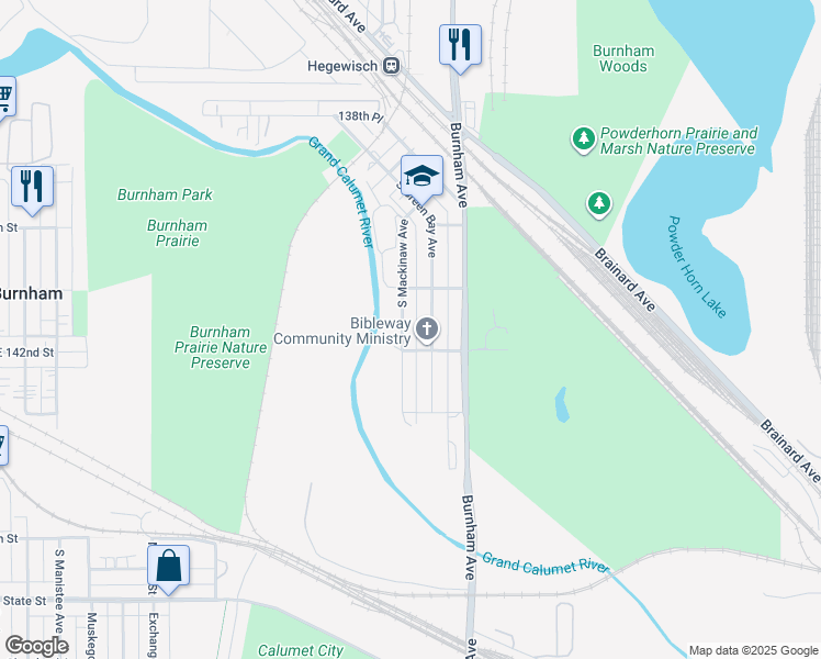 map of restaurants, bars, coffee shops, grocery stores, and more near 14107 South Mackinaw Avenue in Burnham