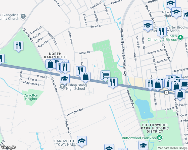 map of restaurants, bars, coffee shops, grocery stores, and more near 19 Macomber Avenue in Dartmouth