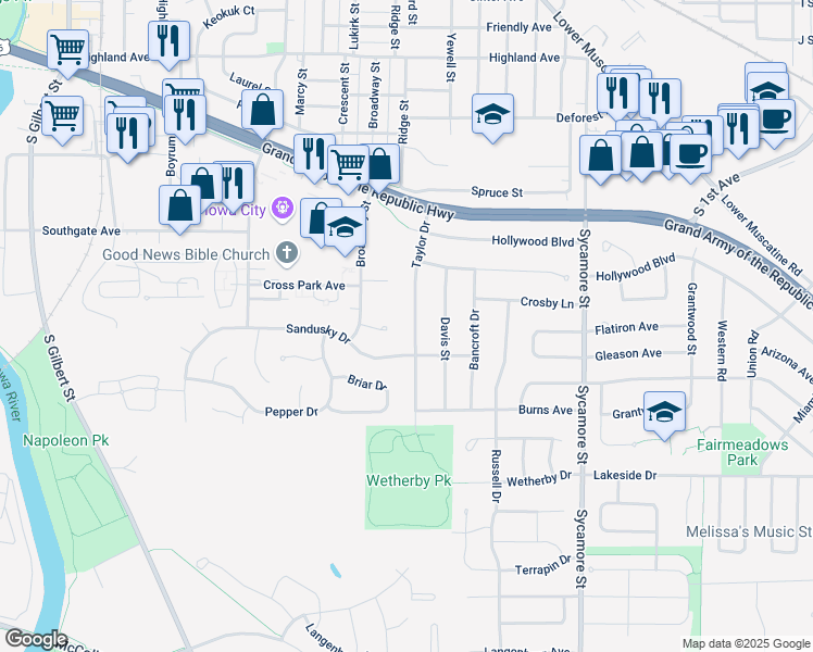 map of restaurants, bars, coffee shops, grocery stores, and more near 2110 Taylor Drive in Iowa City