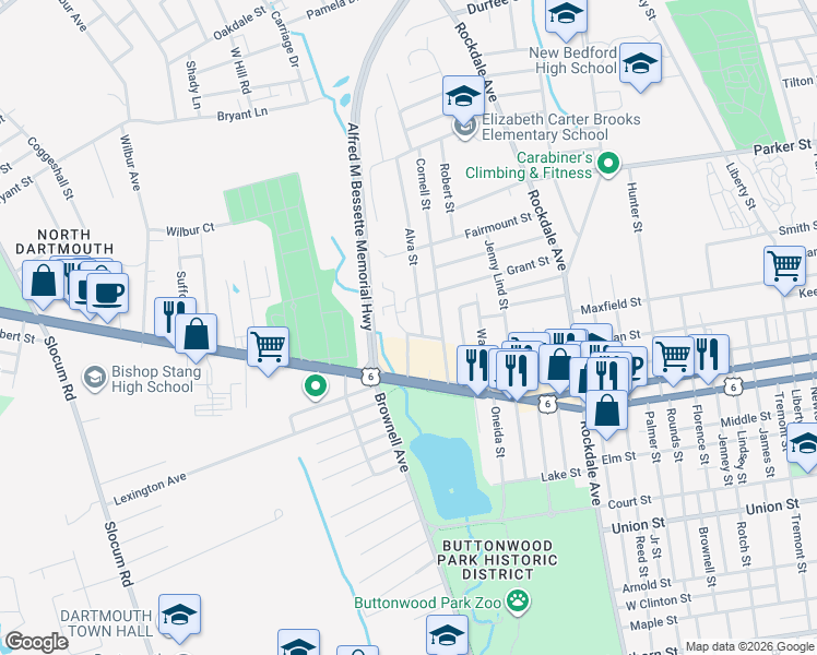 map of restaurants, bars, coffee shops, grocery stores, and more near 50 Oesting Street in New Bedford