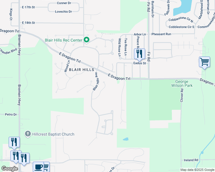 map of restaurants, bars, coffee shops, grocery stores, and more near 1000-1198 E Dragoon Trail in Mishawaka