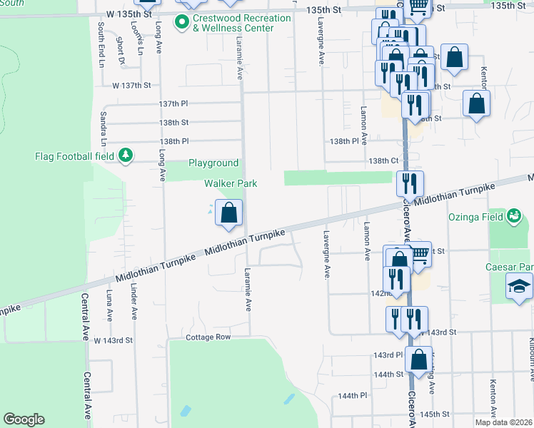 map of restaurants, bars, coffee shops, grocery stores, and more near 13918 East Leamington Drive in Crestwood
