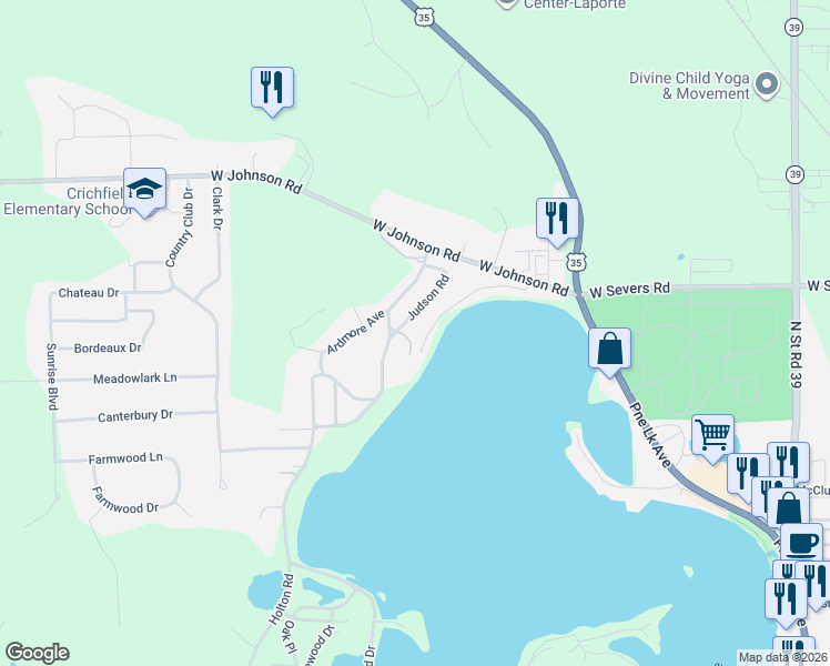map of restaurants, bars, coffee shops, grocery stores, and more near 125 Judson Road in La Porte