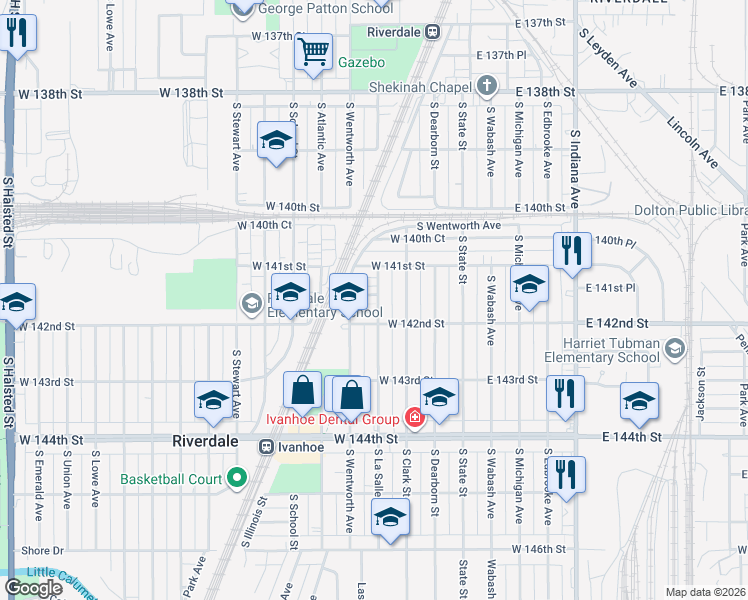 map of restaurants, bars, coffee shops, grocery stores, and more near 151 West Glen Lane in Riverdale