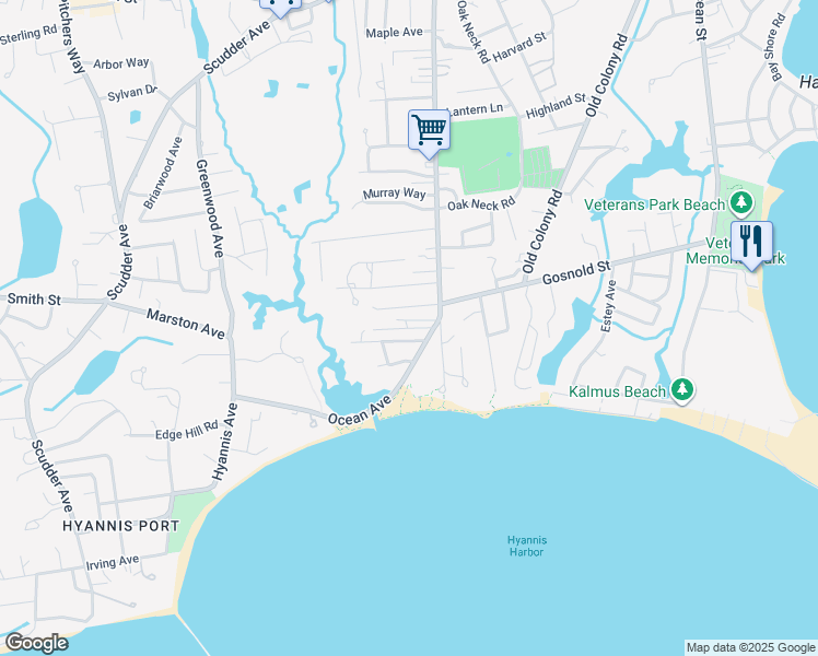 map of restaurants, bars, coffee shops, grocery stores, and more near 28 Norris Street in Barnstable