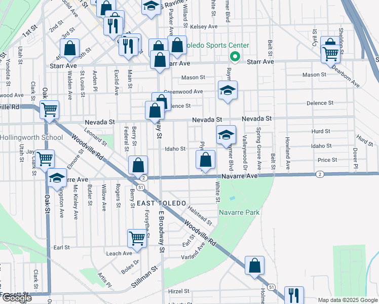 map of restaurants, bars, coffee shops, grocery stores, and more near 646 Plymouth Street in Toledo
