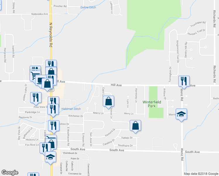 map of restaurants, bars, coffee shops, grocery stores, and more near 4825 Hill Avenue in Toledo