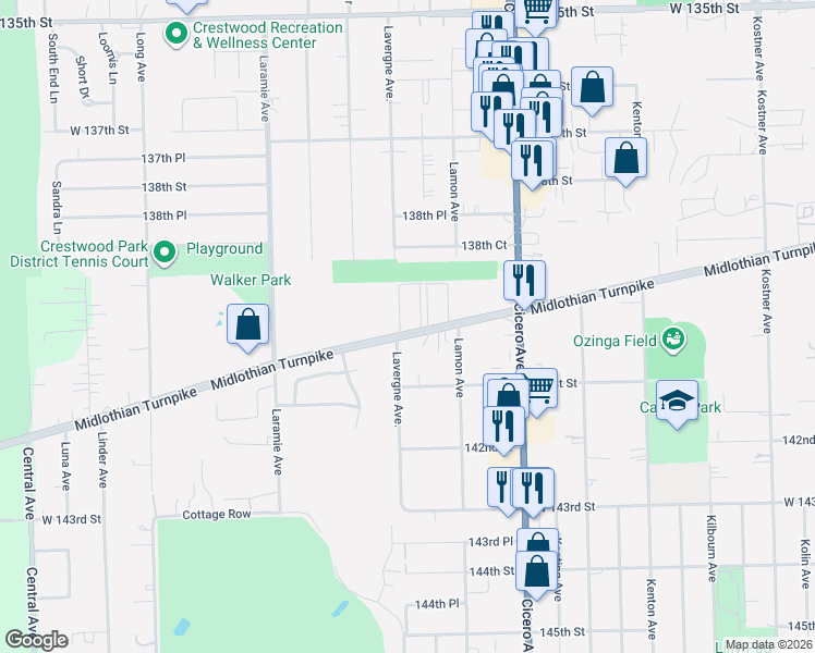 map of restaurants, bars, coffee shops, grocery stores, and more near 13959 Leonard Drive in Crestwood
