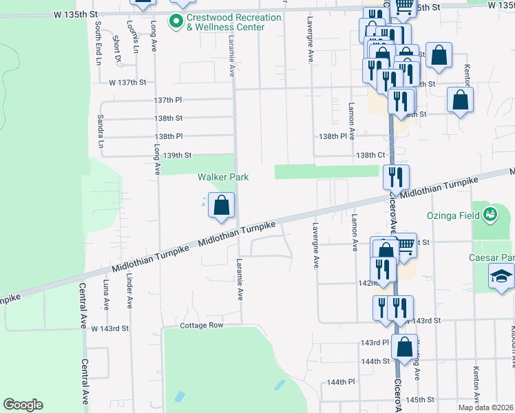 map of restaurants, bars, coffee shops, grocery stores, and more near 13918 East Leamington Drive in Crestwood