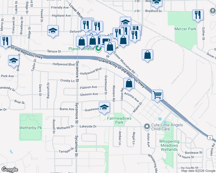 map of restaurants, bars, coffee shops, grocery stores, and more near 1932-1938 Grantwood Street in Iowa City