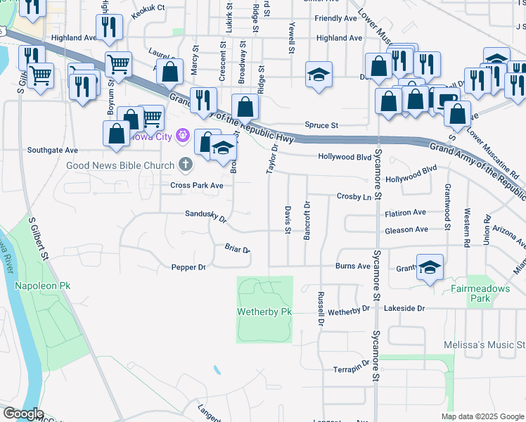 map of restaurants, bars, coffee shops, grocery stores, and more near 2110 Taylor Drive in Iowa City
