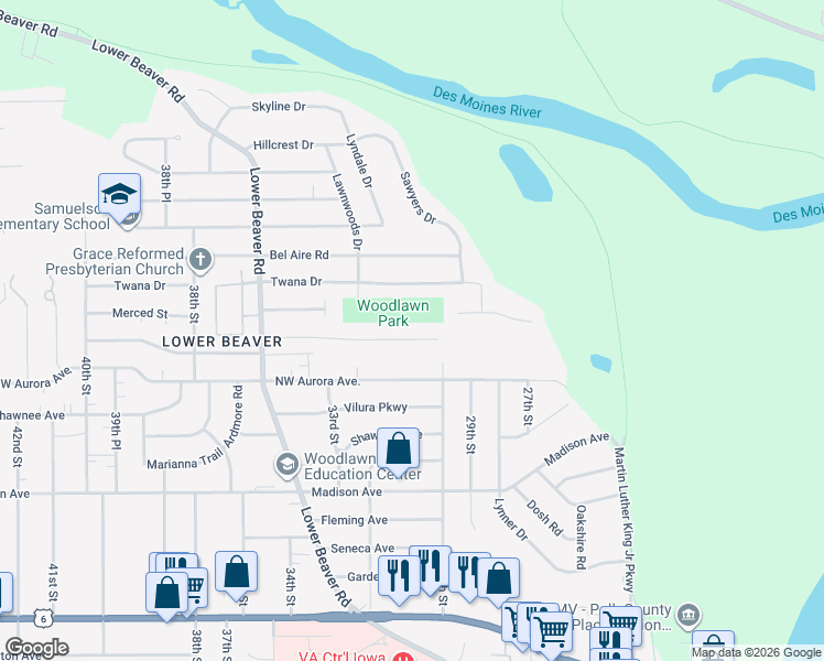 map of restaurants, bars, coffee shops, grocery stores, and more near 3126 Twana Drive in Des Moines