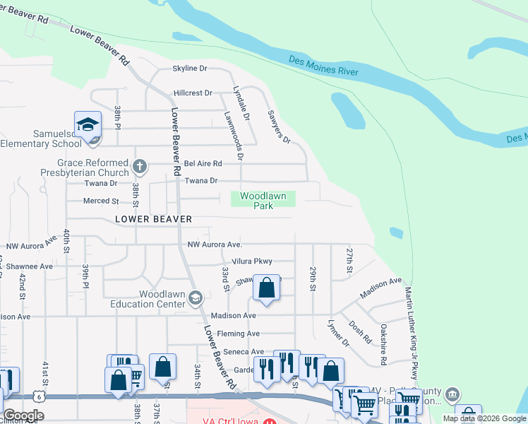 map of restaurants, bars, coffee shops, grocery stores, and more near 3126 Twana Drive in Des Moines