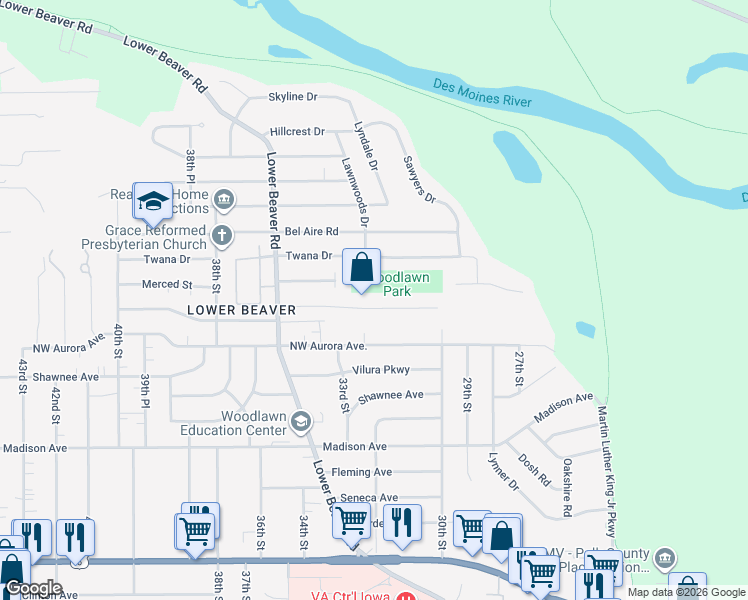 map of restaurants, bars, coffee shops, grocery stores, and more near 4310 Lawnwoods Drive in Des Moines