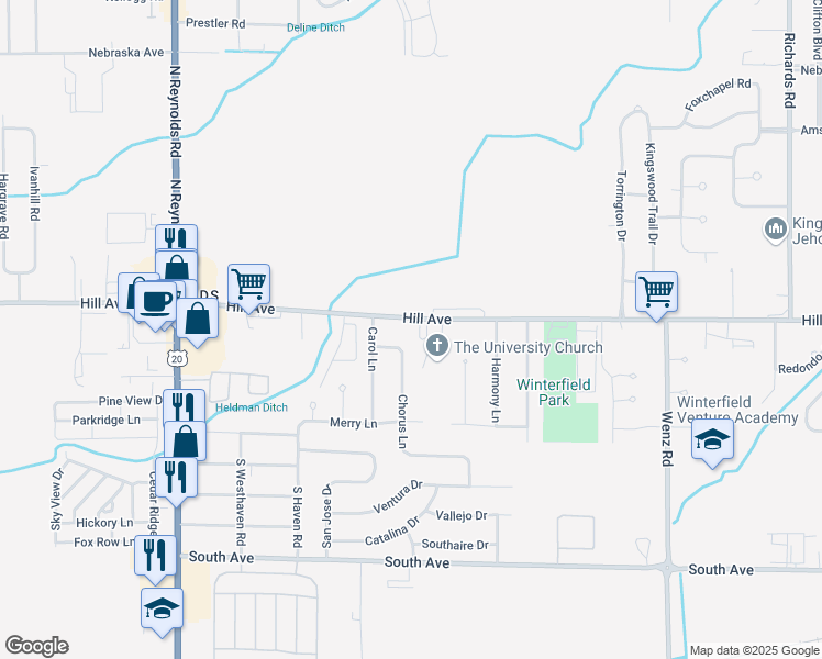 map of restaurants, bars, coffee shops, grocery stores, and more near 4825 Hill Avenue in Toledo