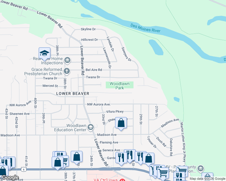 map of restaurants, bars, coffee shops, grocery stores, and more near 4310 Lawnwoods Drive in Des Moines