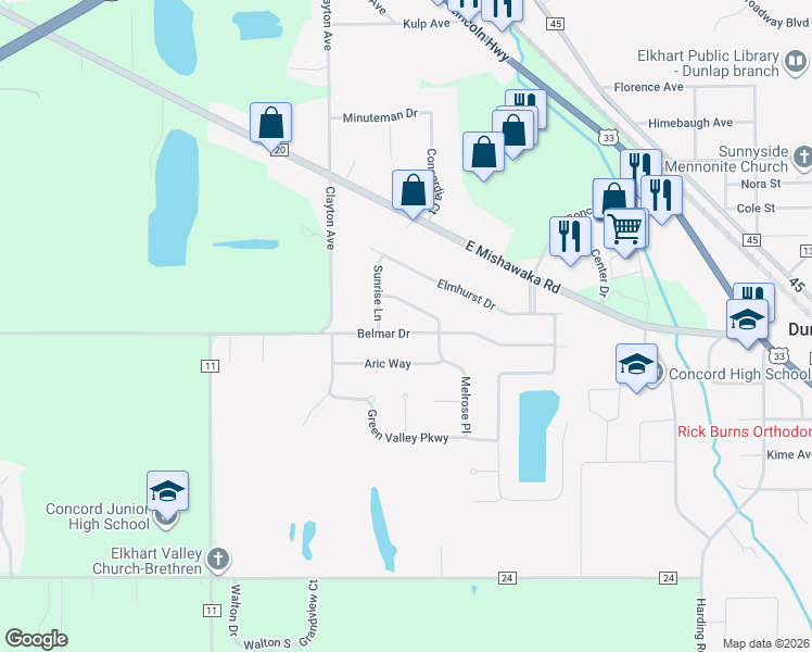 map of restaurants, bars, coffee shops, grocery stores, and more near 24608 Melrose Place in Elkhart