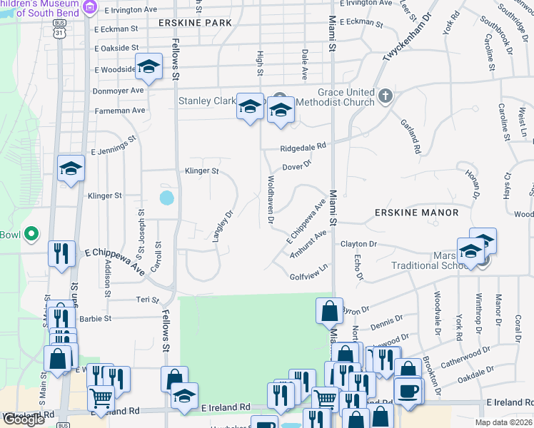 map of restaurants, bars, coffee shops, grocery stores, and more near 3608 High Street in South Bend