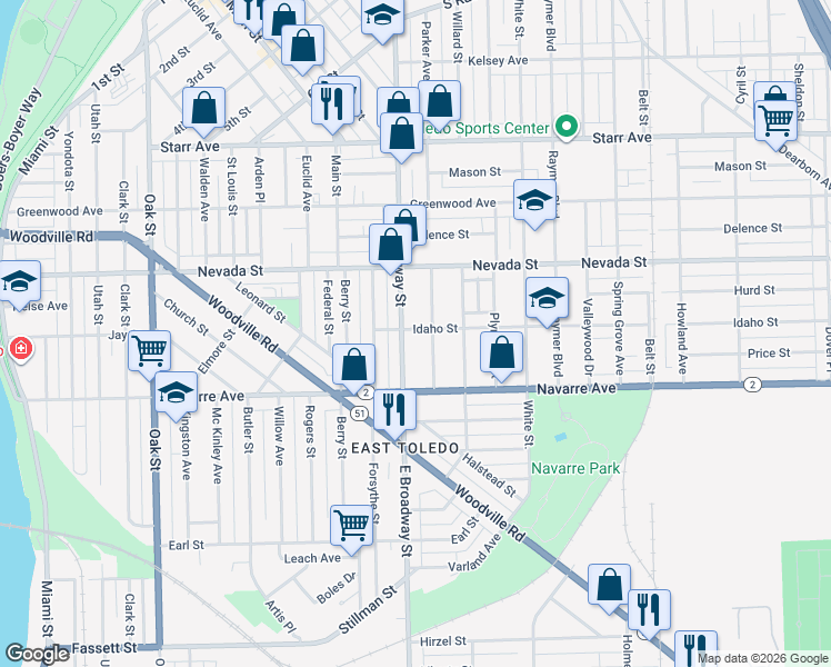map of restaurants, bars, coffee shops, grocery stores, and more near 647 East Broadway Street in Toledo