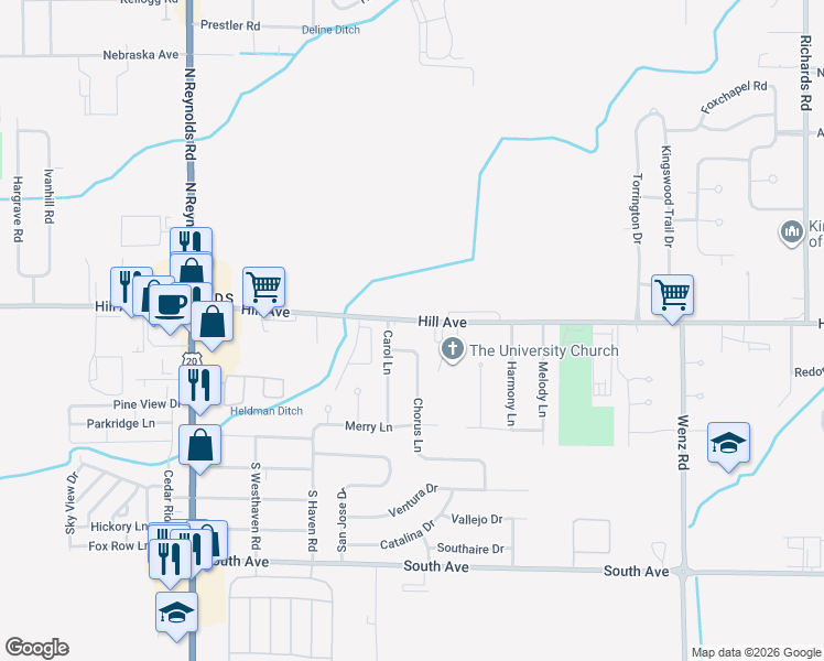map of restaurants, bars, coffee shops, grocery stores, and more near 4825 Hill Avenue in Toledo