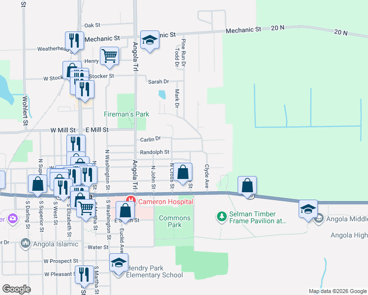 map of restaurants, bars, coffee shops, grocery stores, and more near 708 Carlin Drive in Angola