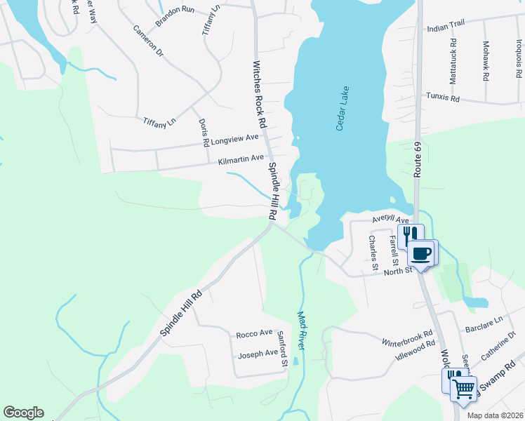 map of restaurants, bars, coffee shops, grocery stores, and more near 11 Cedar Avenue in Wolcott