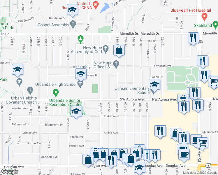 map of restaurants, bars, coffee shops, grocery stores, and more near 4224 69th Street in Urbandale