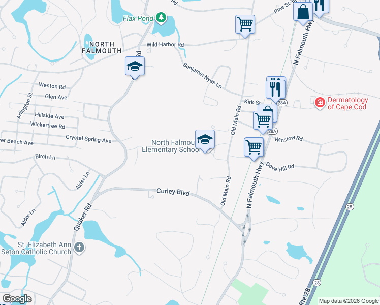 map of restaurants, bars, coffee shops, grocery stores, and more near 62 Old Main Road in Falmouth