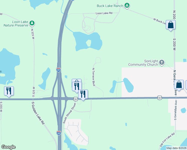 map of restaurants, bars, coffee shops, grocery stores, and more near North Terrace Boulevard in Angola