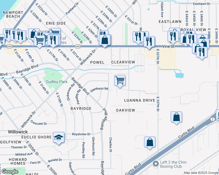 map of restaurants, bars, coffee shops, grocery stores, and more near 32118 Pendley Road in Willowick