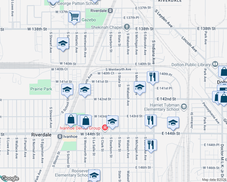 map of restaurants, bars, coffee shops, grocery stores, and more near 14108 South State Street in Riverdale
