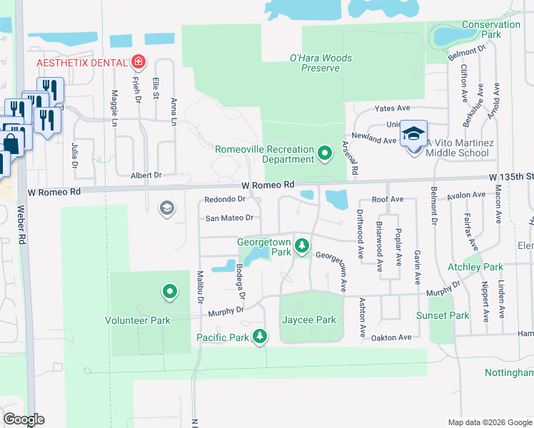 map of restaurants, bars, coffee shops, grocery stores, and more near 383 Sunset Point in Romeoville