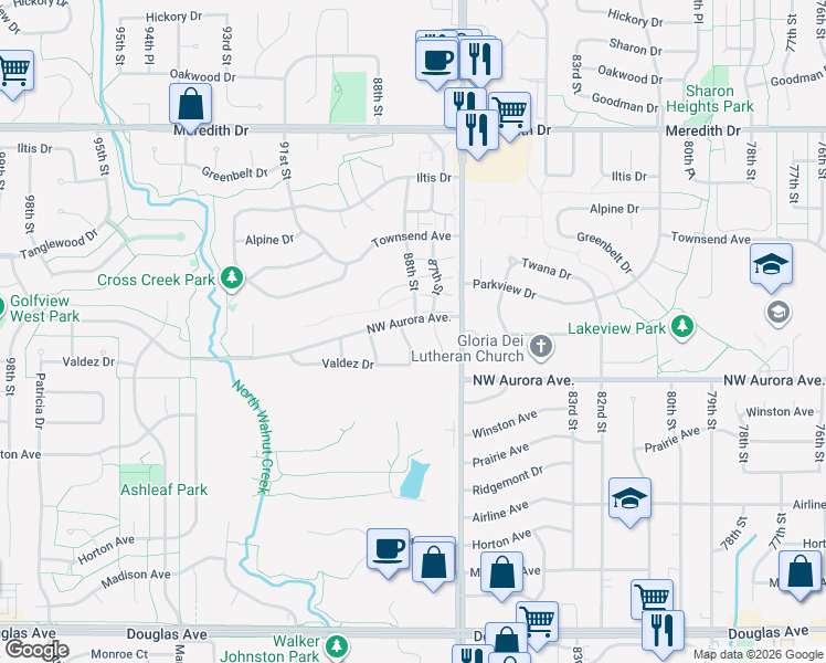 map of restaurants, bars, coffee shops, grocery stores, and more near 8709 Clover Lane in Urbandale