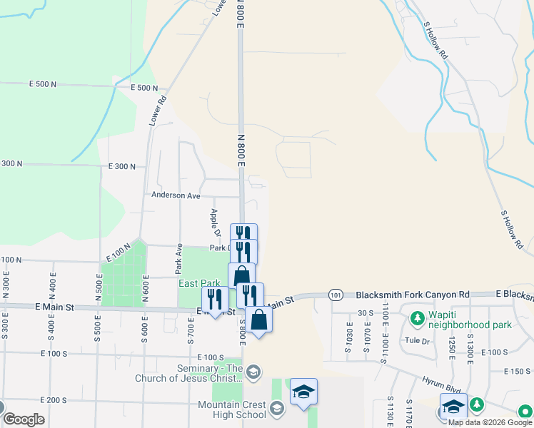 map of restaurants, bars, coffee shops, grocery stores, and more near 847 East 275 North in Hyrum