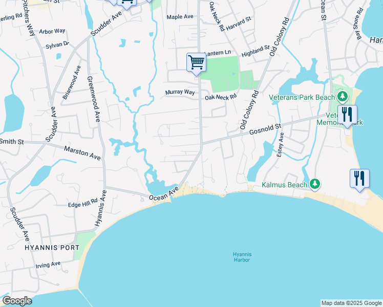 map of restaurants, bars, coffee shops, grocery stores, and more near 28 Norris Street in Barnstable