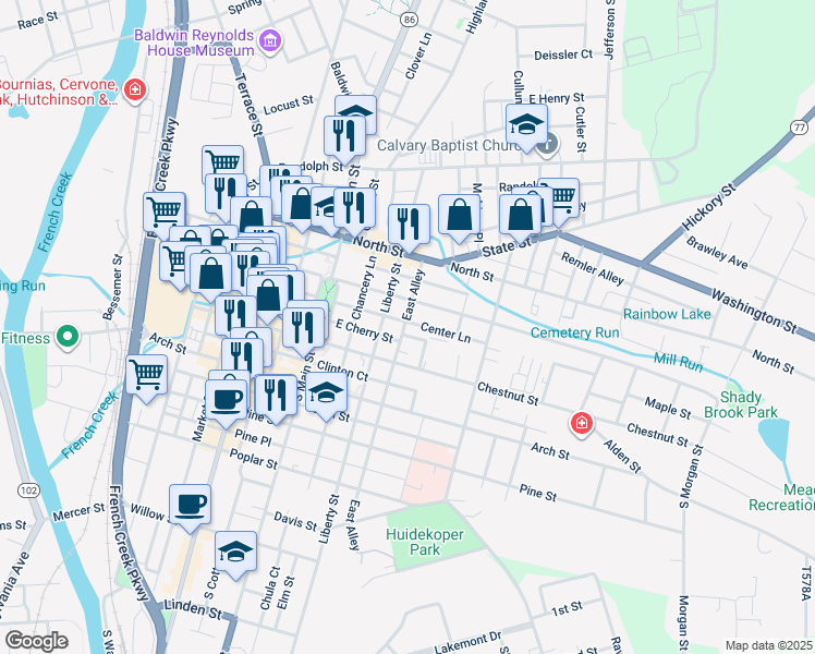 map of restaurants, bars, coffee shops, grocery stores, and more near 41609 Walnut Street in Meadville