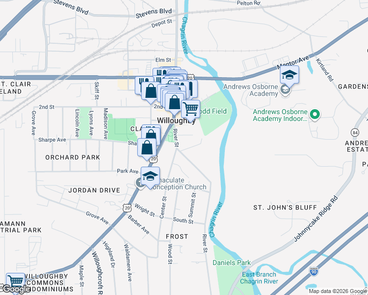 map of restaurants, bars, coffee shops, grocery stores, and more near 4221 River Street in Willoughby