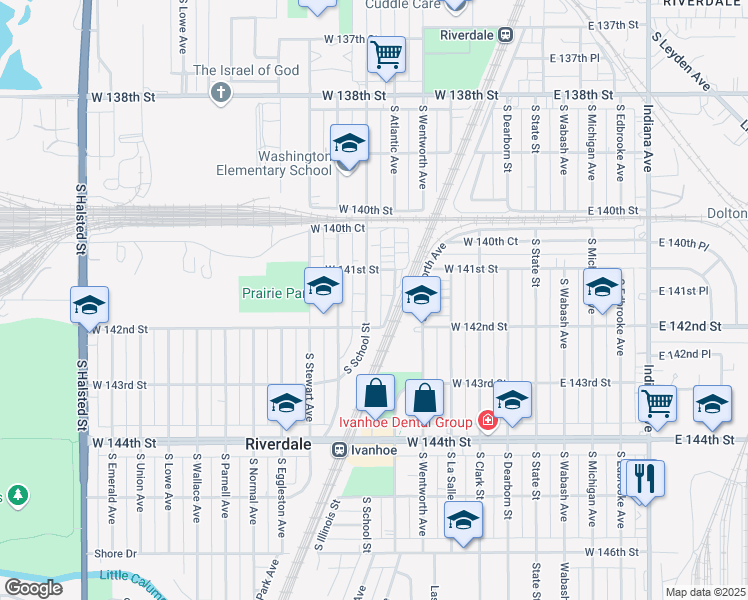 map of restaurants, bars, coffee shops, grocery stores, and more near 14110 South Highlawn Avenue in Riverdale
