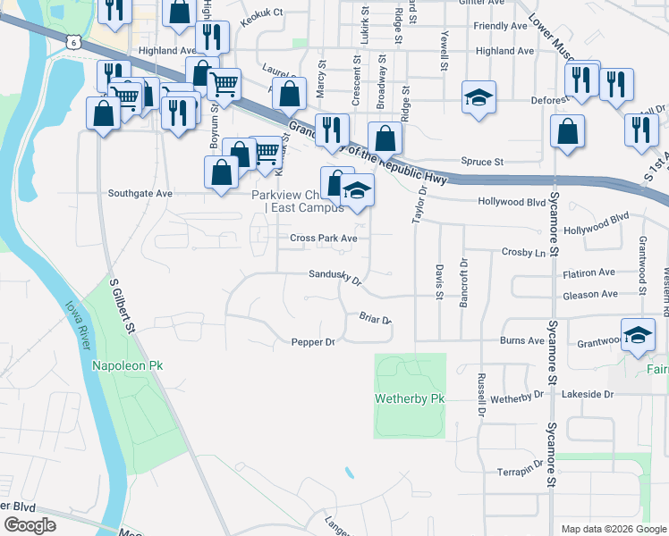 map of restaurants, bars, coffee shops, grocery stores, and more near 934 Sandusky Drive in Iowa City