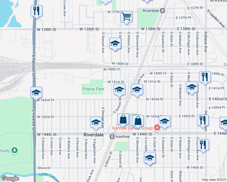 map of restaurants, bars, coffee shops, grocery stores, and more near 14123 South Tracy Avenue in Riverdale