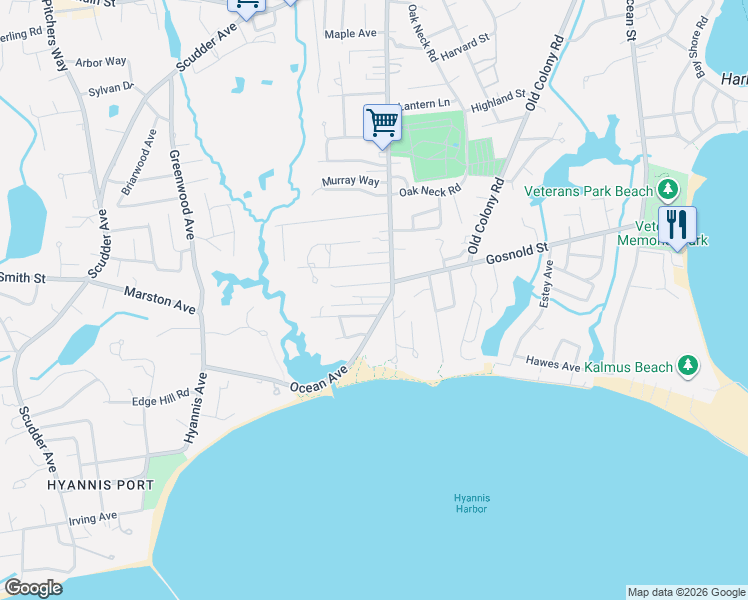 map of restaurants, bars, coffee shops, grocery stores, and more near 28 Norris Street in Barnstable