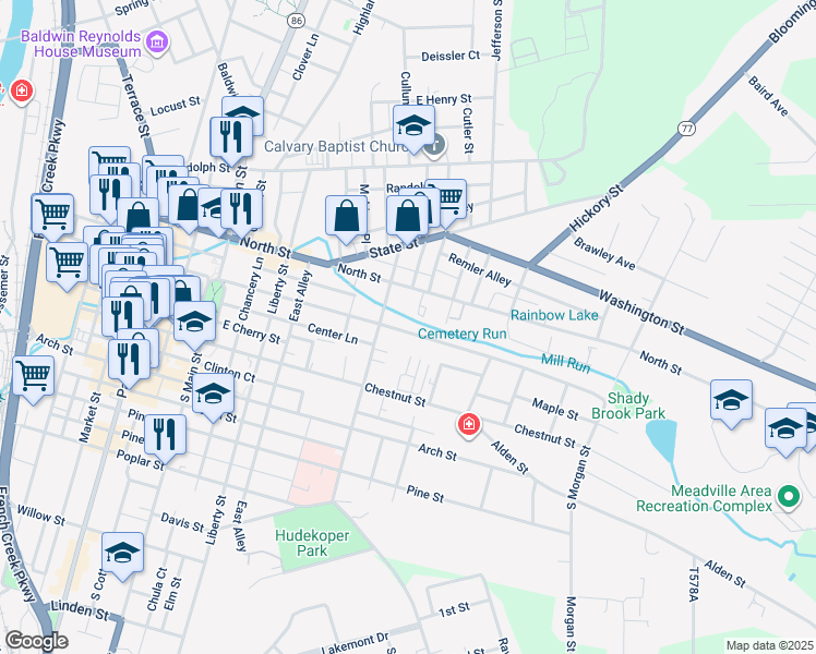 map of restaurants, bars, coffee shops, grocery stores, and more near 537 Walnut Street in Meadville