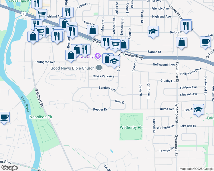 map of restaurants, bars, coffee shops, grocery stores, and more near 934 Sandusky Drive in Iowa City