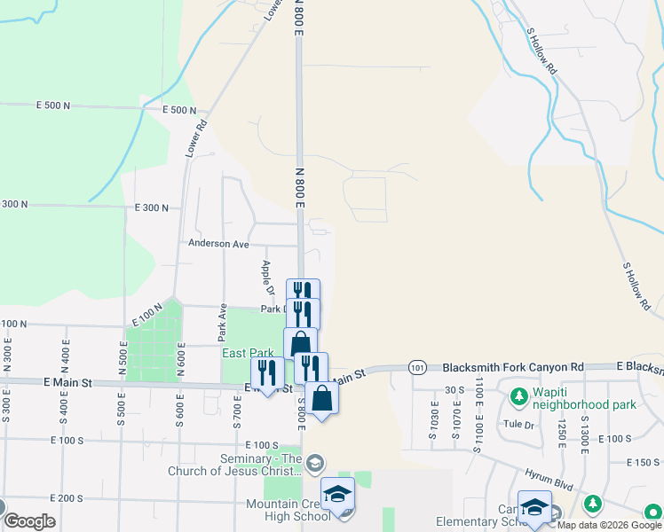 map of restaurants, bars, coffee shops, grocery stores, and more near 898 East 275 North in Hyrum
