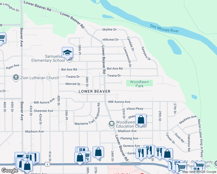 map of restaurants, bars, coffee shops, grocery stores, and more near 4423 Lower Beaver Road in Des Moines