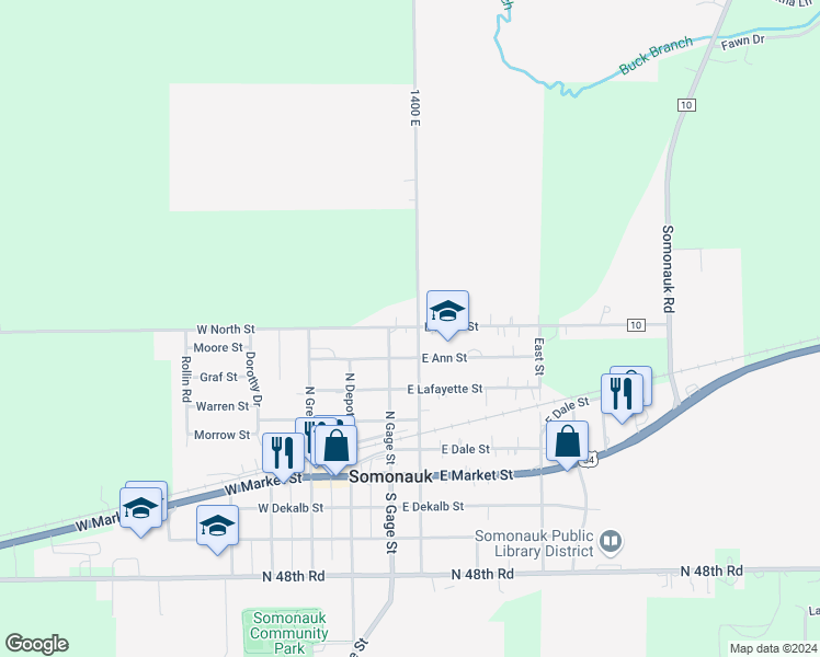 map of restaurants, bars, coffee shops, grocery stores, and more near 600 North Sycamore Street in Somonauk