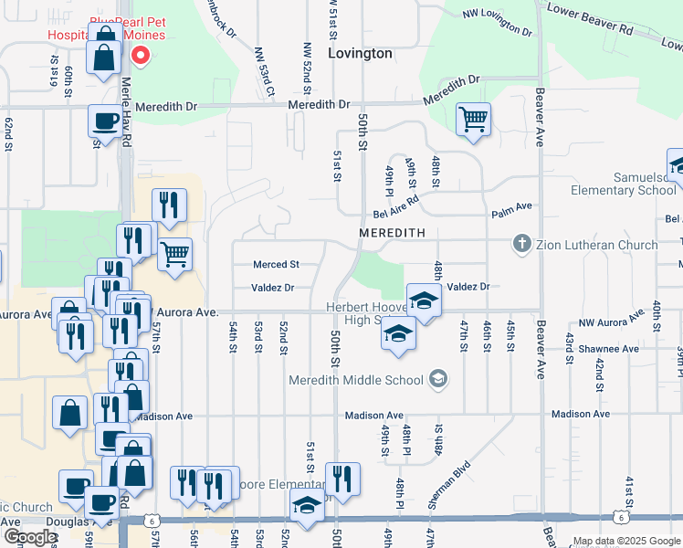 map of restaurants, bars, coffee shops, grocery stores, and more near 4306 50th Street in Des Moines