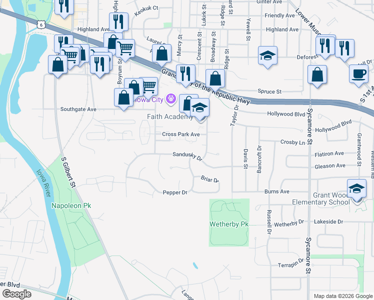 map of restaurants, bars, coffee shops, grocery stores, and more near 934 Sandusky Drive in Iowa City