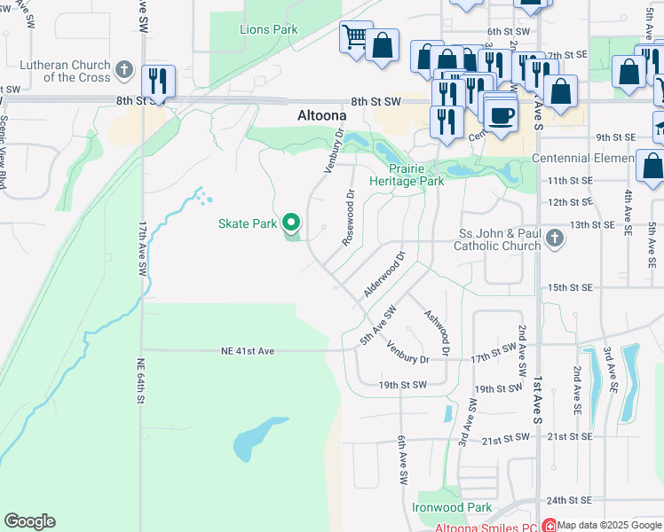 map of restaurants, bars, coffee shops, grocery stores, and more near 1221 Rosewood Drive in Altoona